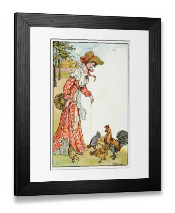 Framed Print : Woman feeding hens Framed Print : Woman feeding hens