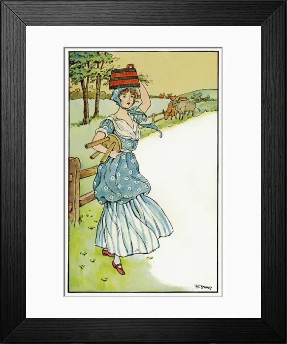 Framed Print : Milkmaid in a long blue dress carrying a stool and a bucket of milk on her head Framed Print : Milkmaid in a long blue dress carrying a stool and a bucket of milk on her head