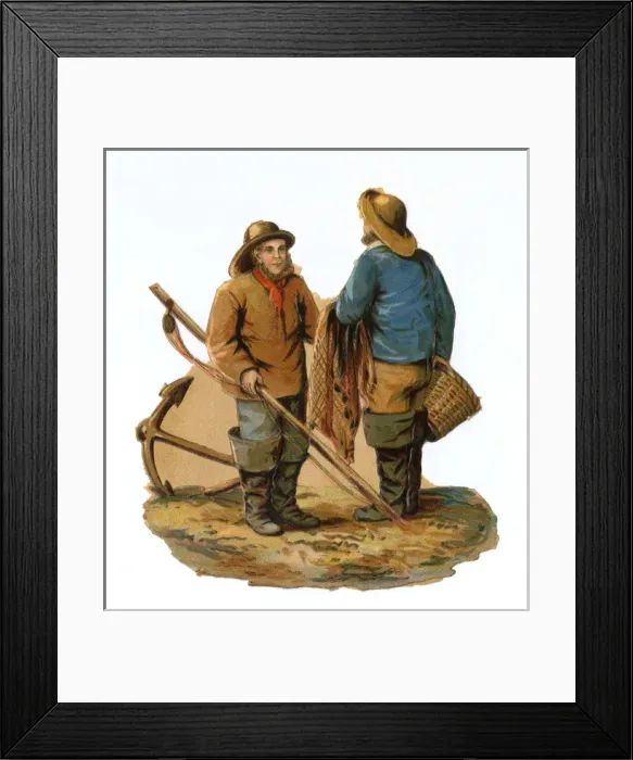 Framed Print : Fishermen. Two fishermen with nets, basket, rod and anchor. Date: c.1890s Framed Print : Fishermen. Two fishermen with nets, basket, rod and anchor. Date: c.1890s