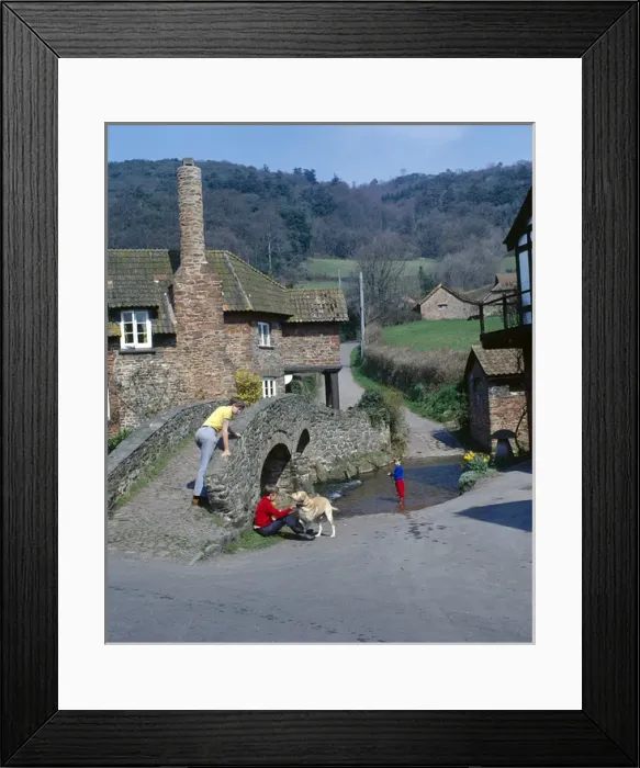 Framed Print : Boys and dog, Packhorse Bridge, Allerford, Somerset Framed Print : Boys and dog, Packhorse Bridge, Allerford, Somerset