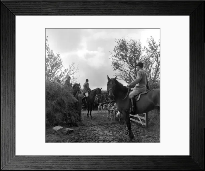 Framed Print : Huntsmen and hounds at an open gate, West Country Framed Print : Huntsmen and hounds at an open gate, West Country