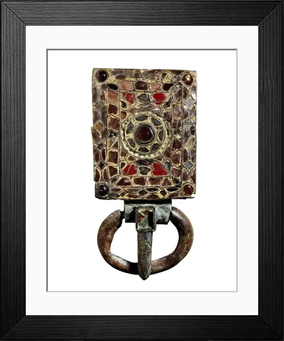 Framed Print : Brass belt buckle with encrusted glasses, 7th century Framed Print : Brass belt buckle with encrusted glasses, 7th century