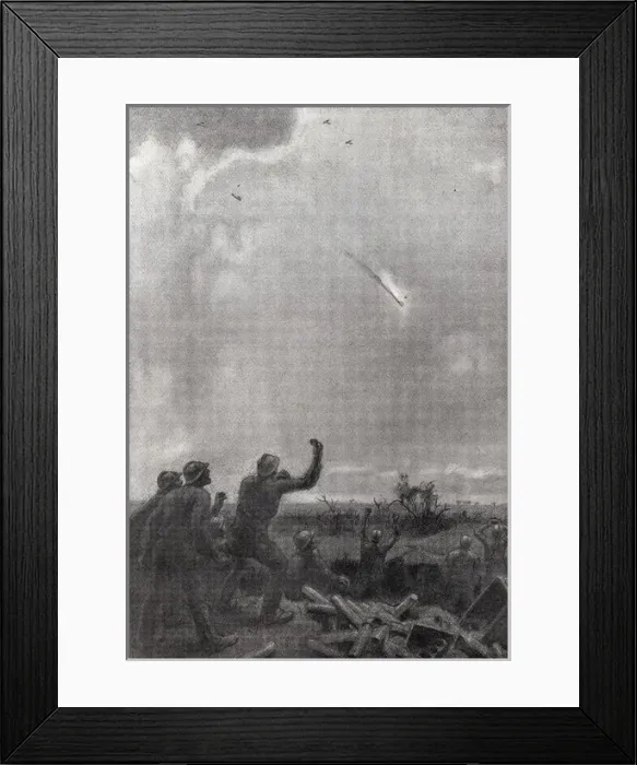 Framed Print : First World War (1918). German plane on fire, beign Framed Print : First World War (1918). German plane on fire, beign