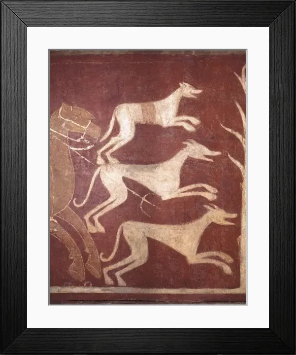 Framed Print : Hunter. ca. 1150. Right detail of the dogs. Mozarabic