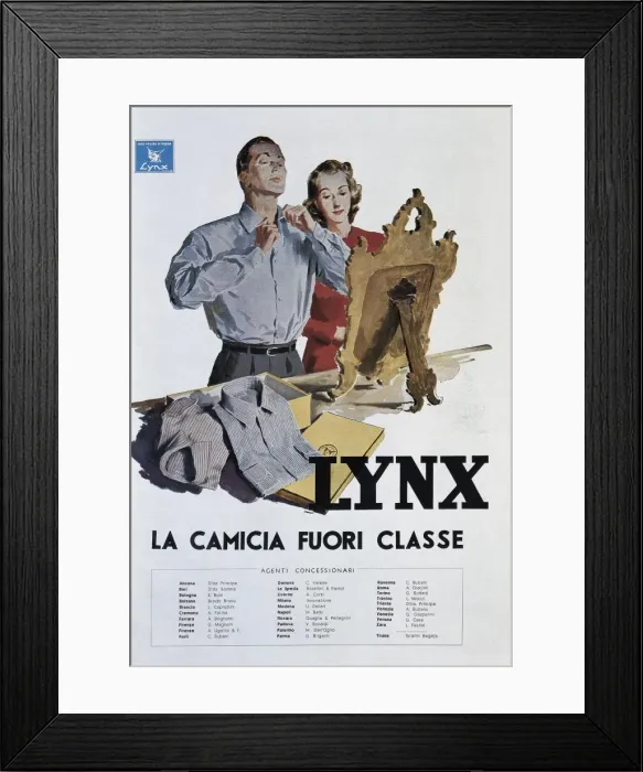 Framed Print : Italian fashion. Advertising shirts Lynx. La camicia Framed Print : Italian fashion. Advertising shirts Lynx. La camicia
