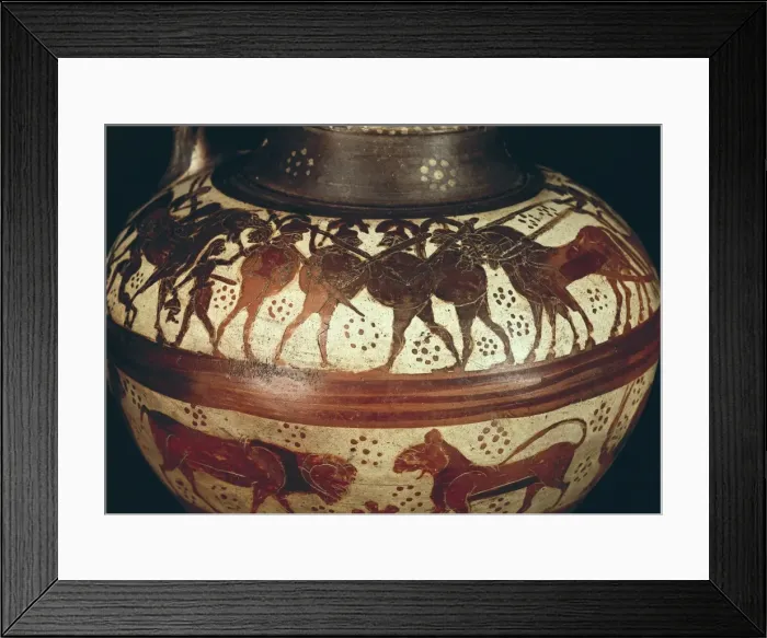 Framed Print : Oenochoe with representation of an army. 630 A. C Framed Print : Oenochoe with representation of an army. 630 A. C