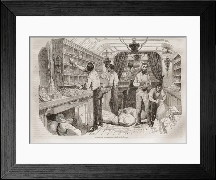 Framed Print : Inside of a post office-wagon (1854). Illustration Framed Print : Inside of a post office-wagon (1854). Illustration