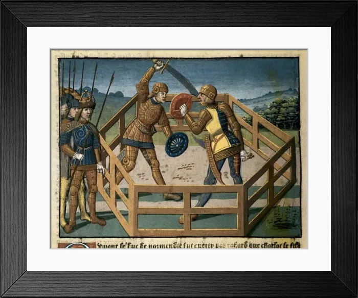 Framed Print : Fouquet, Jean (1420-1481). Two knights fighting Framed Print : Fouquet, Jean (1420-1481). Two knights fighting