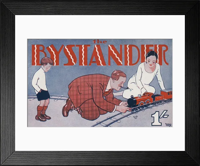 Framed Print : Bystander masthead 1929, playing with train set
