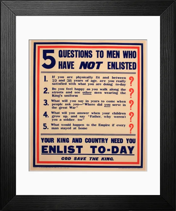 Framed Print : WWI Poster, questions to men who have not enlisted Framed Print : WWI Poster, questions to men who have not enlisted