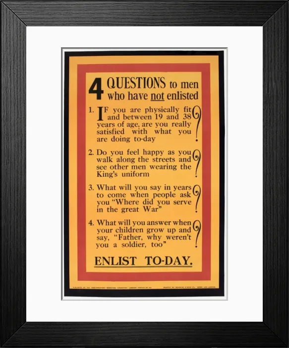 Framed Print : WWI Poster, Questions to men who have not enlisted Framed Print : WWI Poster, Questions to men who have not enlisted