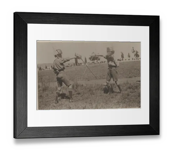 Framed Print : Two boy scouts fencing at camp Framed Print : Two boy scouts fencing at camp