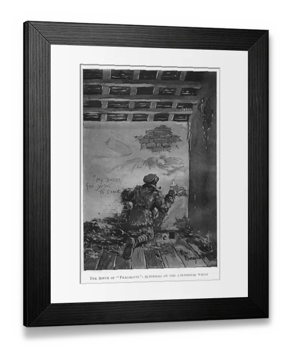 Framed Print : Bruce Bairnsfather drawing on a farmhouse wall in France, WW1 Framed Print : Bruce Bairnsfather drawing on a farmhouse wall in France, WW1