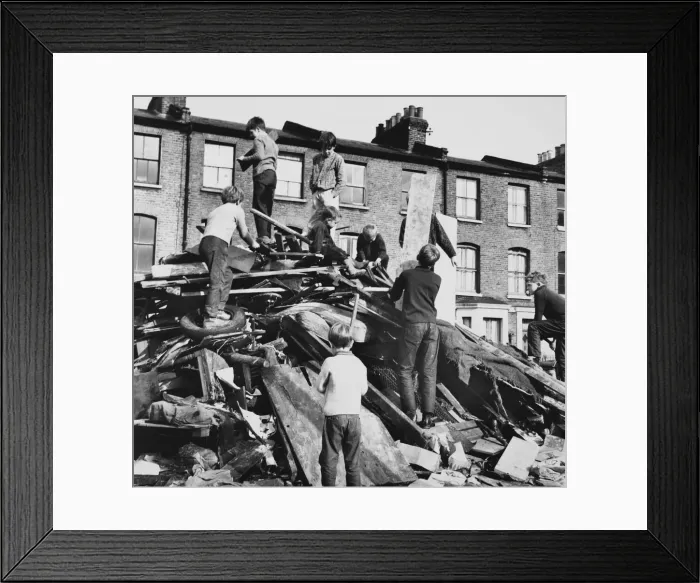 Framed Print : Boys on a pile of rubbish, Balham, SW London Framed Print : Boys on a pile of rubbish, Balham, SW London