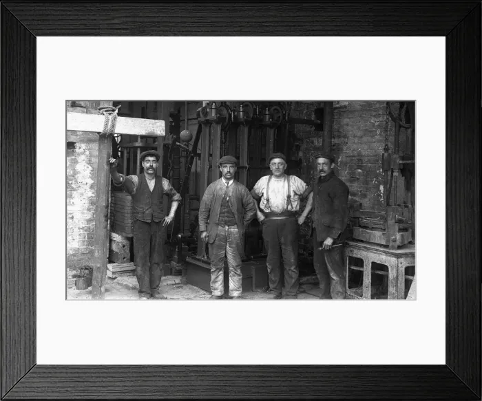 Framed Print : Four men in hat factory finishing room Framed Print : Four men in hat factory finishing room