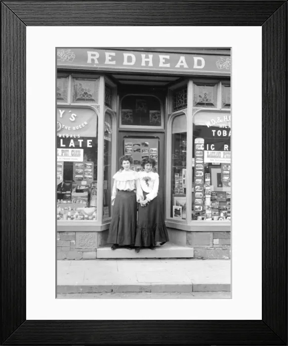Framed Print : Redheads shop, Coniston, with Annie and Kate Framed Print : Redheads shop, Coniston, with Annie and Kate