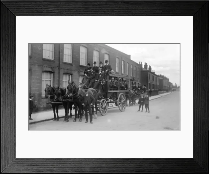Framed Print : Finishers on conveyance in front of hat factory Framed Print : Finishers on conveyance in front of hat factory