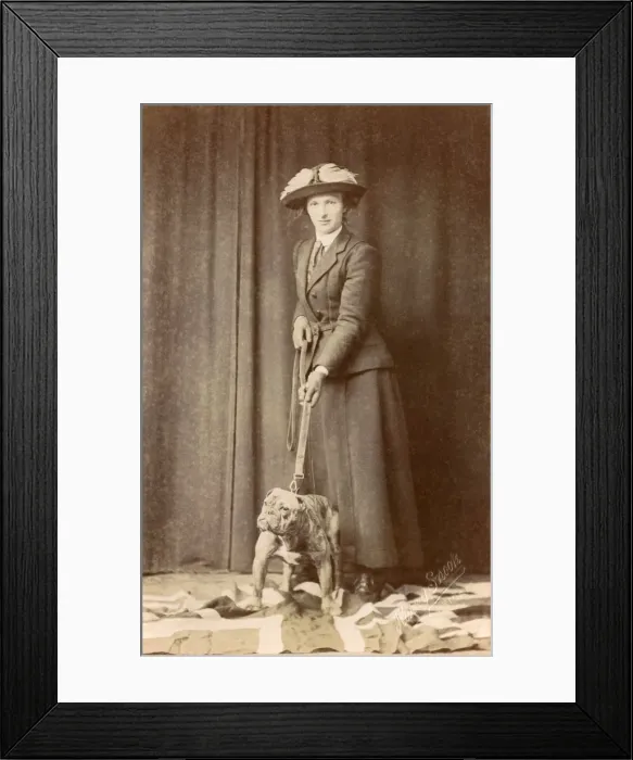 Framed Print : Woman with bulldog on British flag Framed Print : Woman with bulldog on British flag