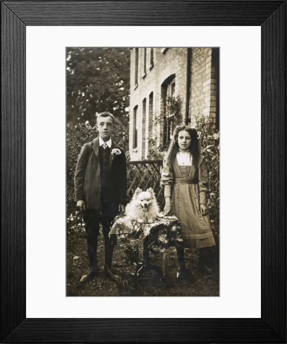 Framed Print : Boy, girl and dog in garden Framed Print : Boy, girl and dog in garden
