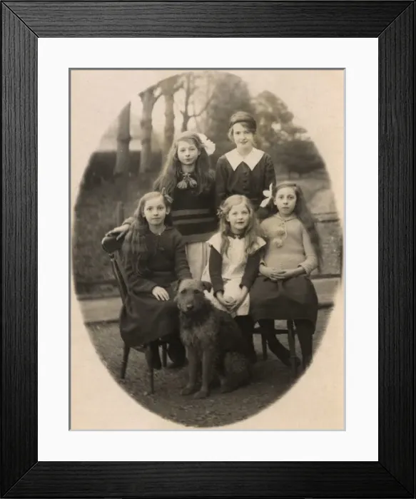 Framed Print : Five girls and dog in garden Framed Print : Five girls and dog in garden