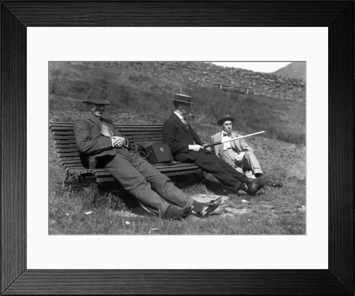 Framed Print : Three men on a bench in the countryside Framed Print : Three men on a bench in the countryside