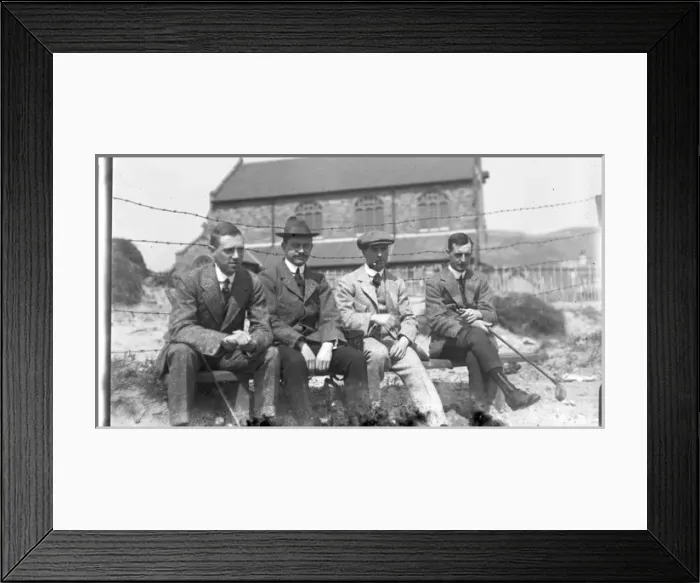 Framed Print : Four men on a bench at golf club Framed Print : Four men on a bench at golf club