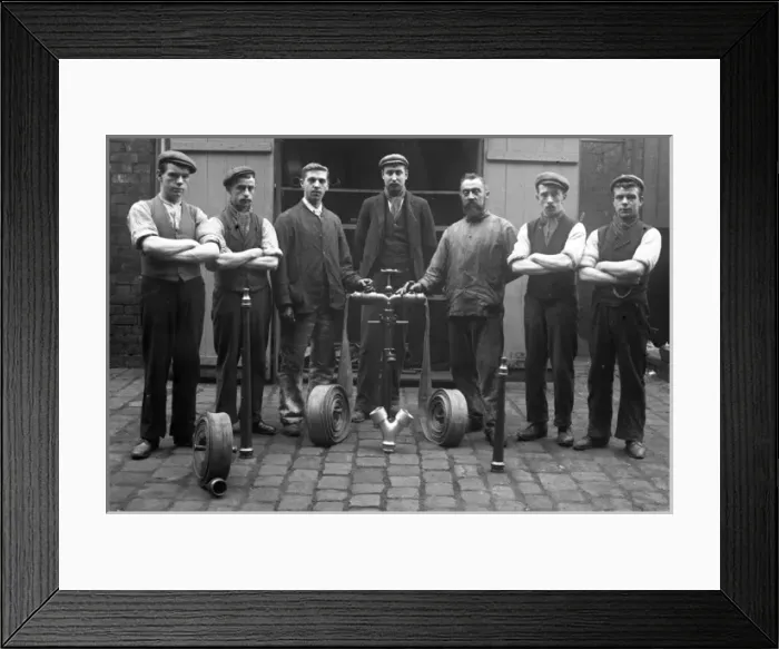 Framed Print : Firemen at Battersbys hatworks Framed Print : Firemen at Battersbys hatworks