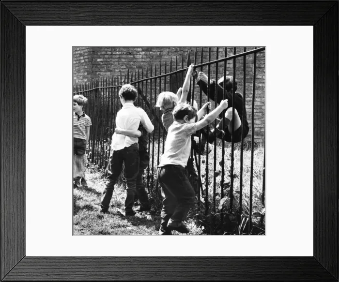 Framed Print : Boys playing on railings, Balham, SW London Framed Print : Boys playing on railings, Balham, SW London