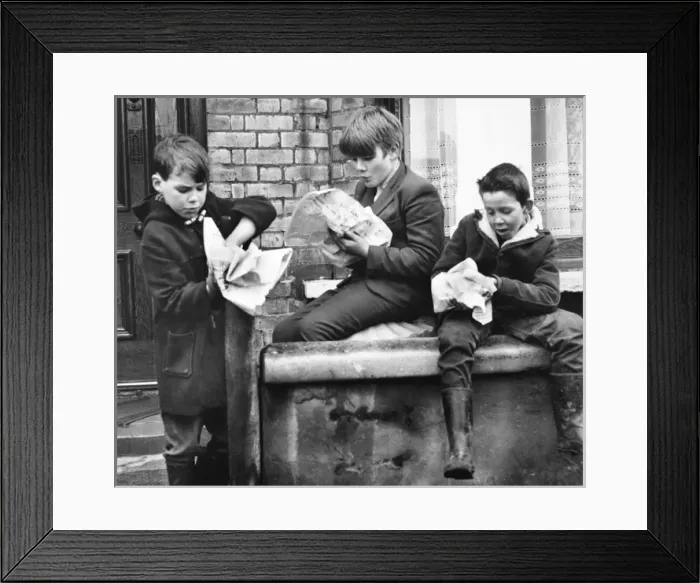 Framed Print : Boys eating fish and chips, Balham, SW London Framed Print : Boys eating fish and chips, Balham, SW London