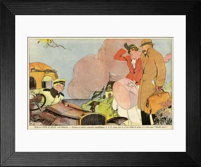 Framed Print : Cartoon, German couple leaving Cote d Azur, WW1 Framed Print : Cartoon, German couple leaving Cote d Azur, WW1