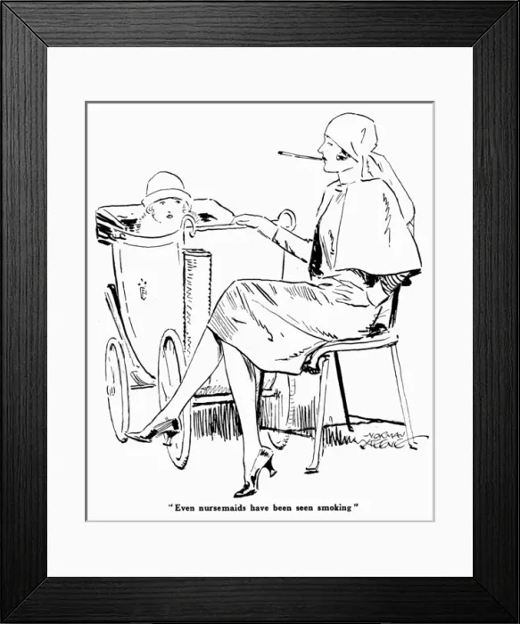 Framed Print : Smoking nursemaid or nanny with charge Framed Print : Smoking nursemaid or nanny with charge