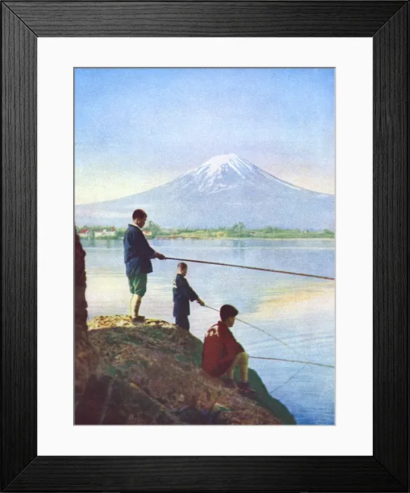 Framed Print : Boys fishing by the shores of Lake close to Mount Fujiyama Framed Print : Boys fishing by the shores of Lake close to Mount Fujiyama