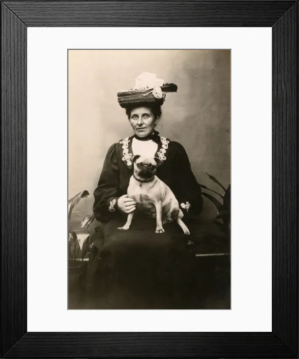 Framed Print : Woman with dog in studio photo Framed Print : Woman with dog in studio photo