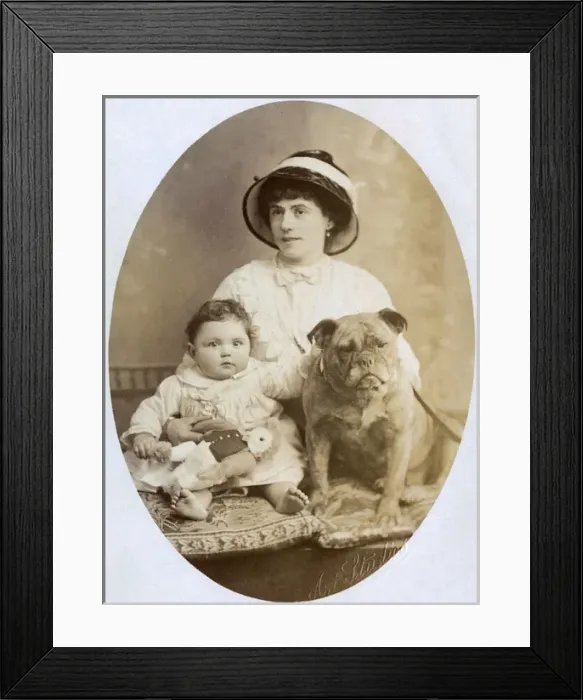 Framed Print : Woman with baby and dog in studio photo Framed Print : Woman with baby and dog in studio photo