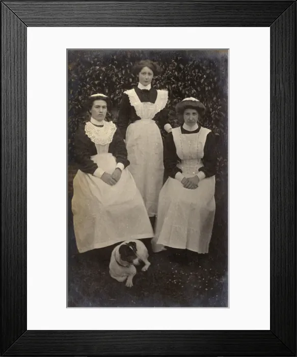 Framed Print : Three maids and dog in garden Framed Print : Three maids and dog in garden
