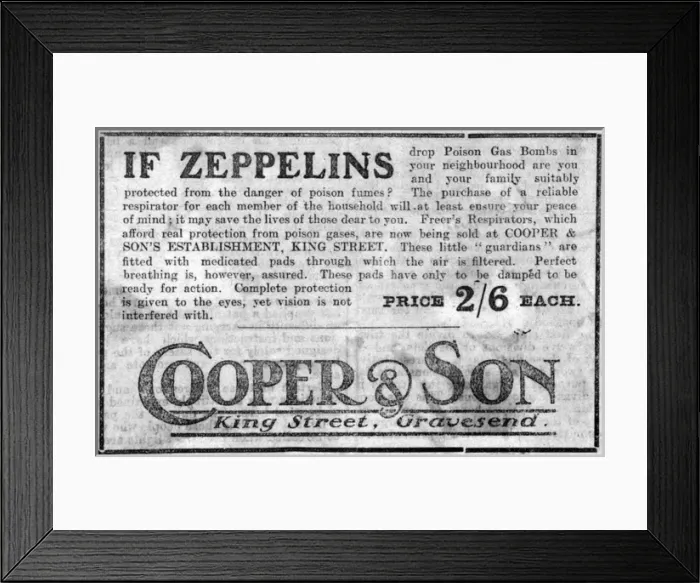 Framed Print : WW1 - Ad for repirators - threat of gas attack by Zeppelins Framed Print : WW1 - Ad for repirators - threat of gas attack by Zeppelins