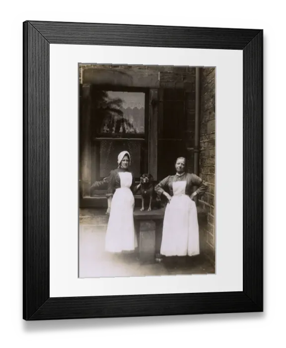 Framed Print : Two female servants and dog in yard Framed Print : Two female servants and dog in yard