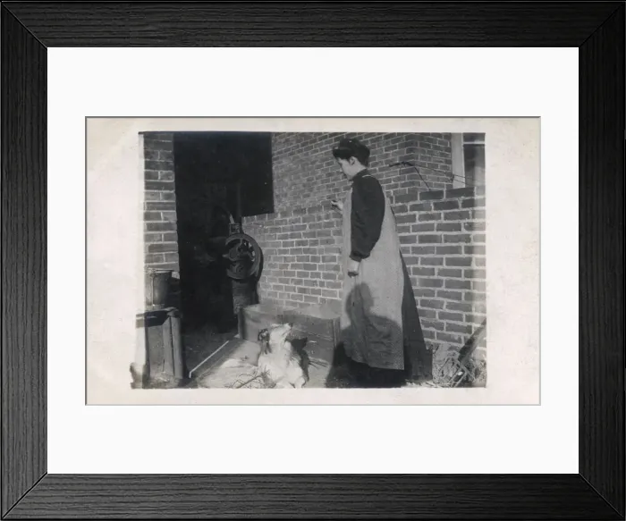 Framed Print : Young woman and dog in back yard Framed Print : Young woman and dog in back yard