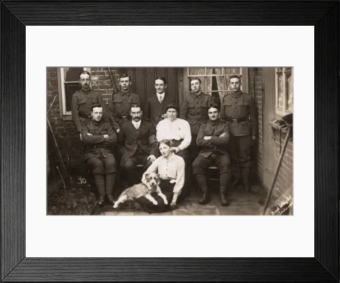 Framed Print : Group photo with soldiers and dog in yard Framed Print : Group photo with soldiers and dog in yard