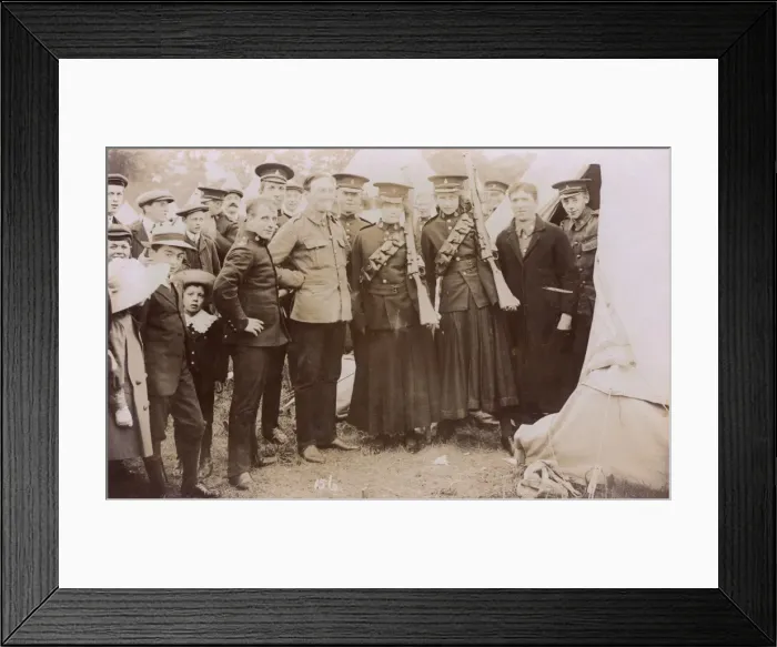 Framed Print : Group photo, British soldiers and civilians, WW1 Framed Print : Group photo, British soldiers and civilians, WW1