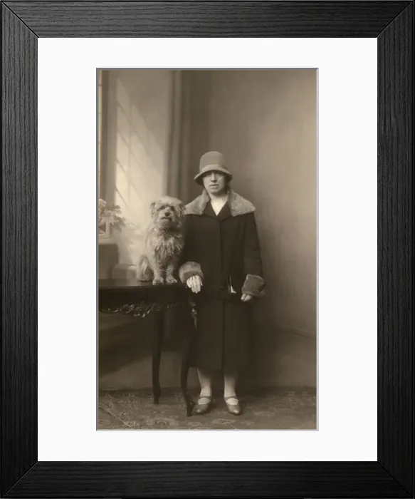 Framed Print : Woman with scruffy dog Framed Print : Woman with scruffy dog