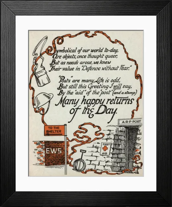 Framed Print : WW2 birthday card, air raid shelter Framed Print : WW2 birthday card, air raid shelter