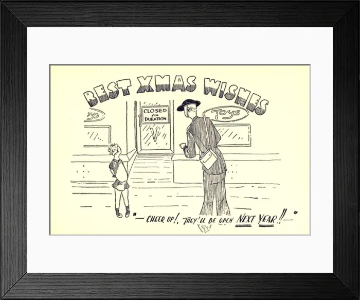 Framed Print : WW2 Christmas card, closed toy shop Framed Print : WW2 Christmas card, closed toy shop