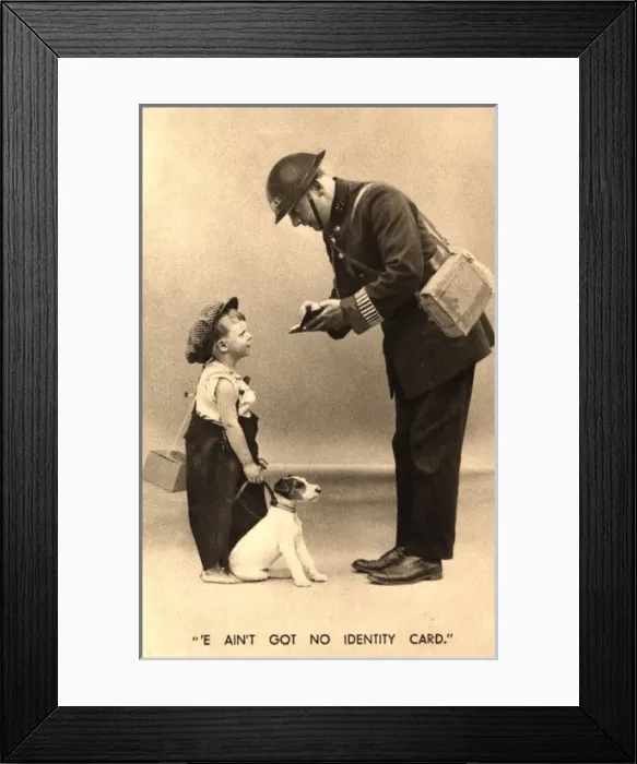 Framed Print : WW2 greetings card, policeman, boy and dog Framed Print : WW2 greetings card, policeman, boy and dog