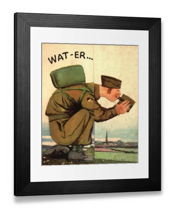 Framed Print : WW2 birthday card, soldier drinking water Framed Print : WW2 birthday card, soldier drinking water