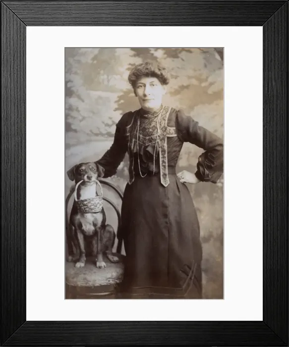 Framed Print : Woman and a dog with a little basket Framed Print : Woman and a dog with a little basket