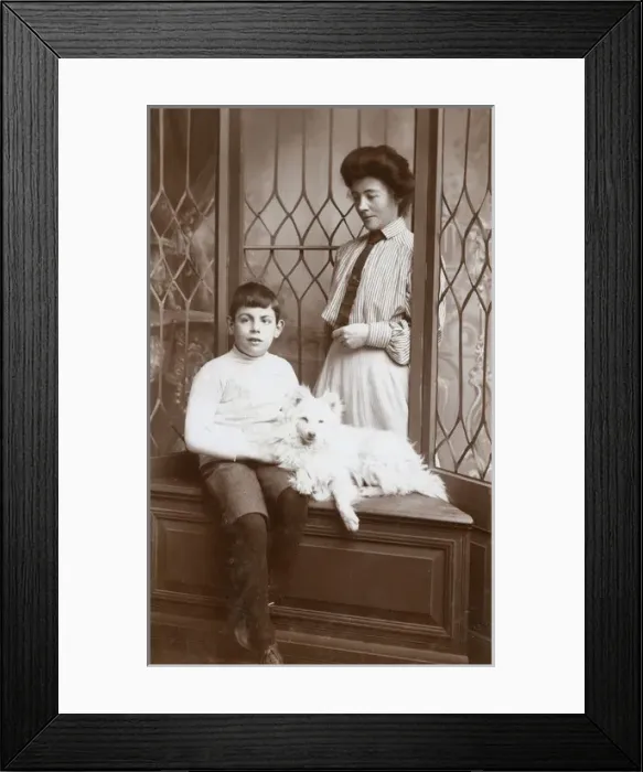 Framed Print : Mother and son with an American Eskimo Framed Print : Mother and son with an American Eskimo