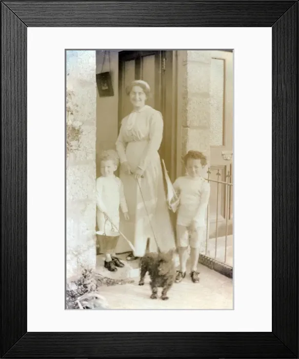 Framed Print : Woman with her two children and a Scottish Terrier Framed Print : Woman with her two children and a Scottish Terrier