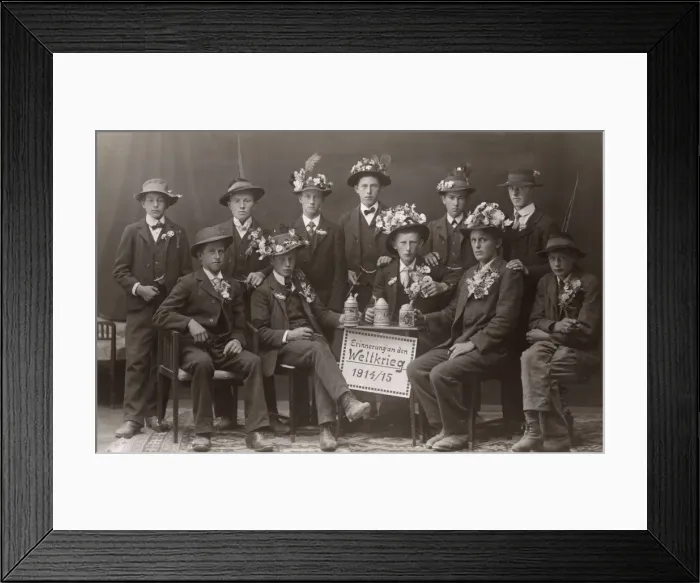 Framed Print : Group photo, young men in flowered hats, WW1 Framed Print : Group photo, young men in flowered hats, WW1