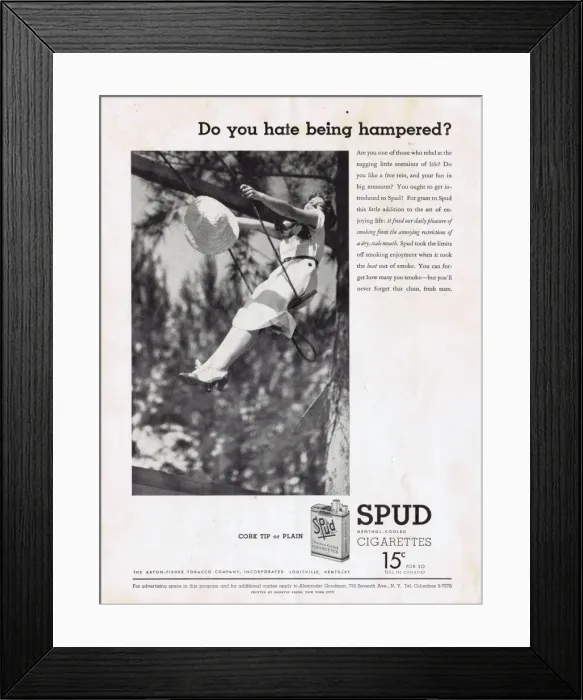 Framed Print : Advert for Spud Cigarettes, New York, 1934 Framed Print : Advert for Spud Cigarettes, New York, 1934